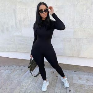 Sleek Solid Turtleneck Long Sleeve Jumpsuit,Stretchy-Curvy New